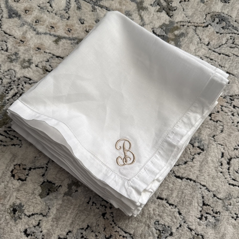 Vintage Set/10 White Linen HEM STITCHED Napkins 18" Square Luncheon Monogram "B"